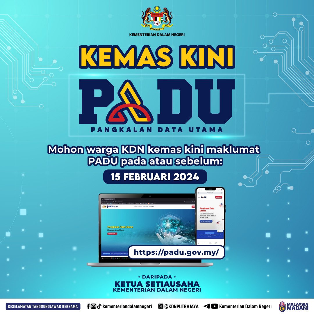 penjaramalaysia's tweet image. Jom! kemaskini maklumat anda di Pangkalan Data Utama (PADU) pada atau sebelum 15 Februari 2024. #KDN #JabatanPenjaraMalaysia #MyPRIDE #PenerajuPerkhidmatanKorektif