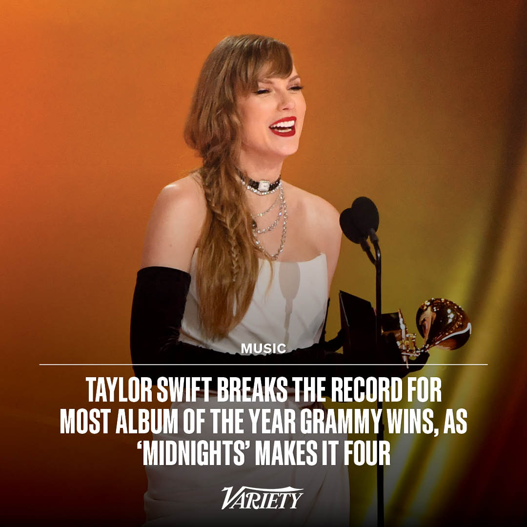 Taylor Swift has set an all-time record at the Grammys as the performer who has the most wins in the album of the year category. “Midnights” won that coveted prize Sunday night, pushing her total to four. bit.ly/3OuDqyC