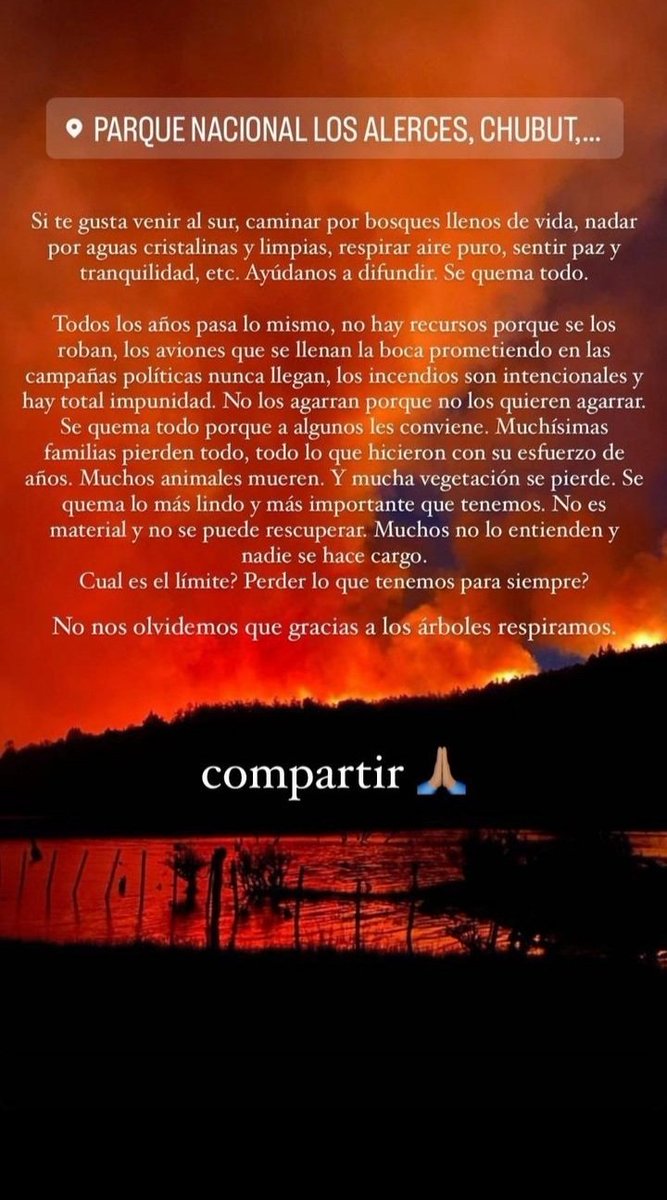 <a href="/telefenoticias/">Telefe Noticias</a> Ayuden a compartir se esta quemando el parque nacional los alerces y nadie hace nada no lo pasan por ningun medio compartan hasta que se haga viral <a href="/todonoticias/">TN - Todo Noticias</a> <a href="/telefe/">telefe</a> <a href="/JMilei/">Javier Milei</a> <a href="/canal26noticias/">CANAL 26</a> <a href="/telefenoticias/">Telefe Noticias</a> <a href="/C5N/">C5N</a> <a href="/LANACION/">LA NACION</a>