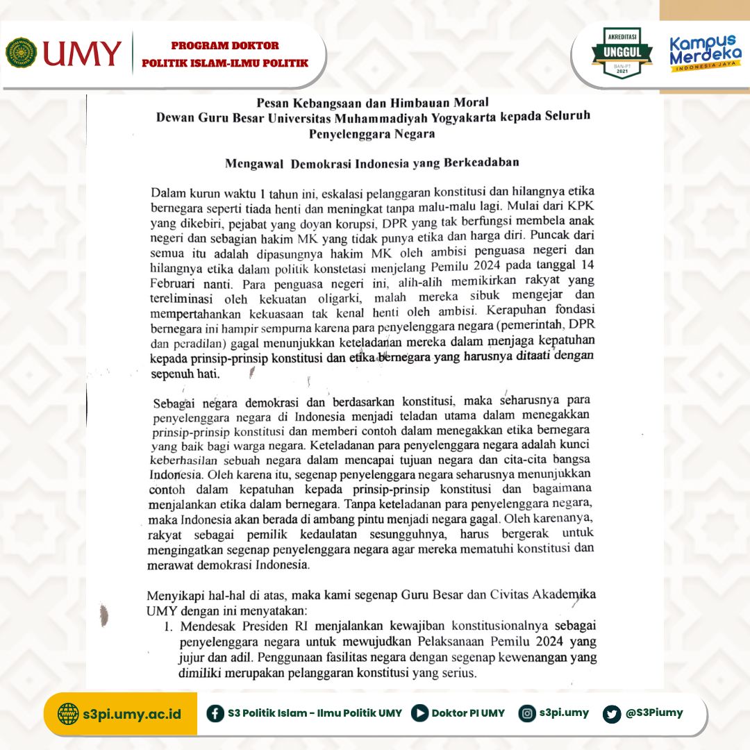 S3Piumy's tweet photo. Yogyakarta, 3 Februari 2024. Civitas Akademika Universitas Muhammadiyah Yogyakarta (UMY) menyatakan sikap, dengan menyerukan pesan kebangsaan dan imbauan moral bertema 'Mengawal Demokrasi Indonesia yang Berkeadaban' #UMY #PolitikIslam #konstitusi #demokrasi #Pemilu2024 https://t.co/r5jYBOa588