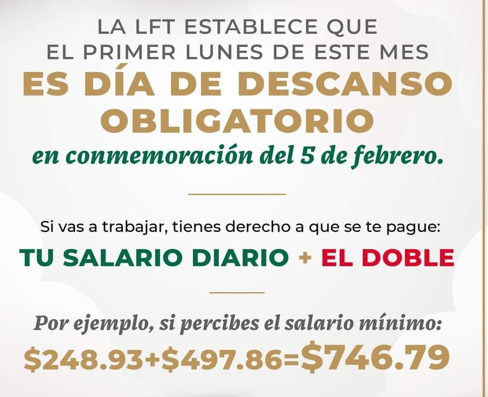 TribunaGuerrero's tweet photo. DR. CARLOS MARX BARBOSA GUZMAN.
Si trabajas este lunes 5 de febrero,
deben pagarte el TRIPLE de tu salario. https://t.co/hpXLn6gmh4