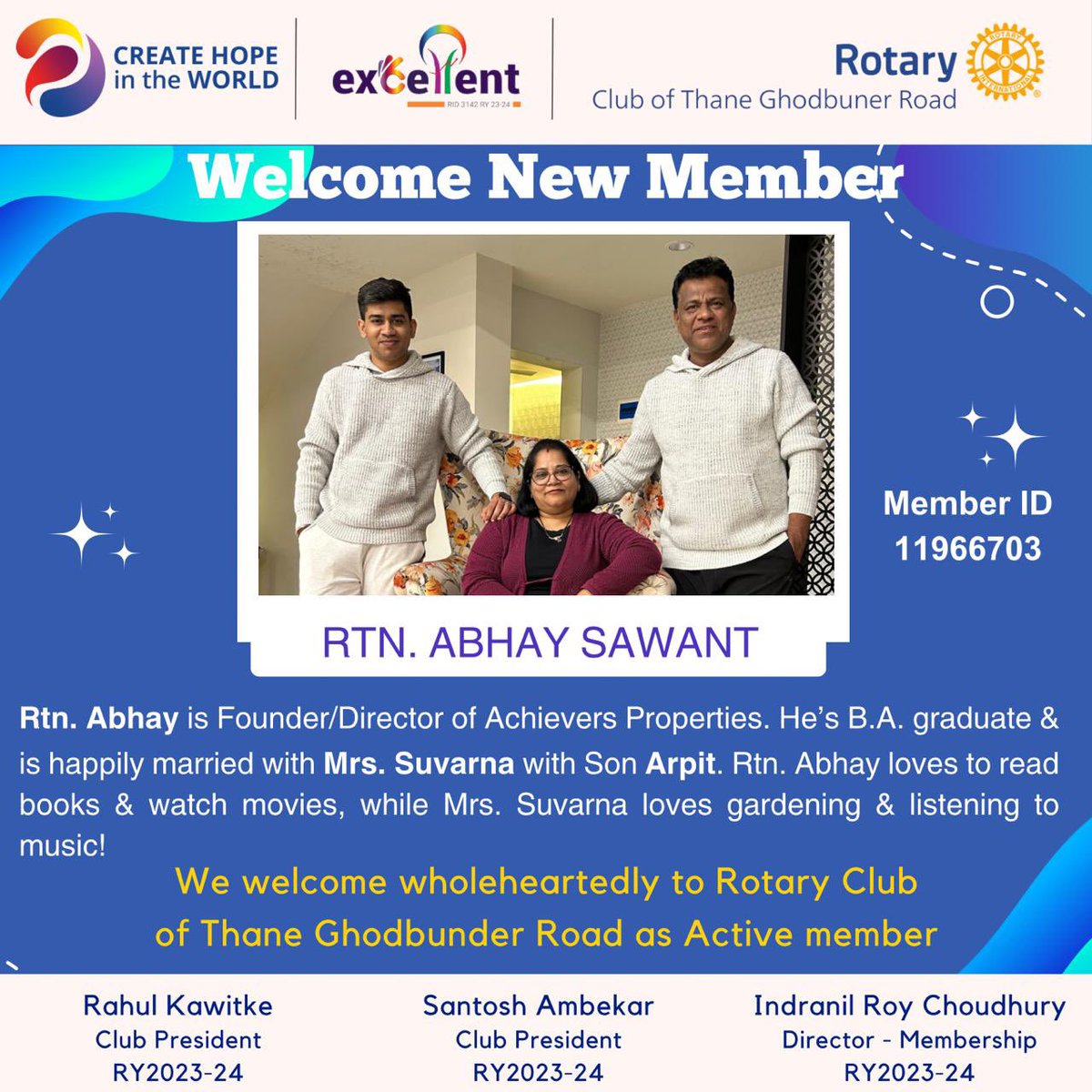 A warm embrace to Rtn. Abhay Sawant and spouse Suvarna as you join our Rotary family at Thane Ghodbunder Road! 

🌐❤️ #RotaryFamily #WelcomeAbhayAndSuvarna #ServiceWithHeart