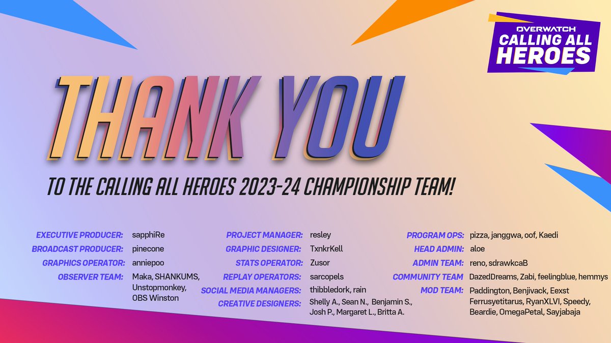 Thank you to the team of incredible individuals who went above and beyond to bring you this weekend's #CallingAllHeroes Championship. You truly are our heroes! 💜 We're grateful to be a part of something so very, very special. Until next time, gamers ✨