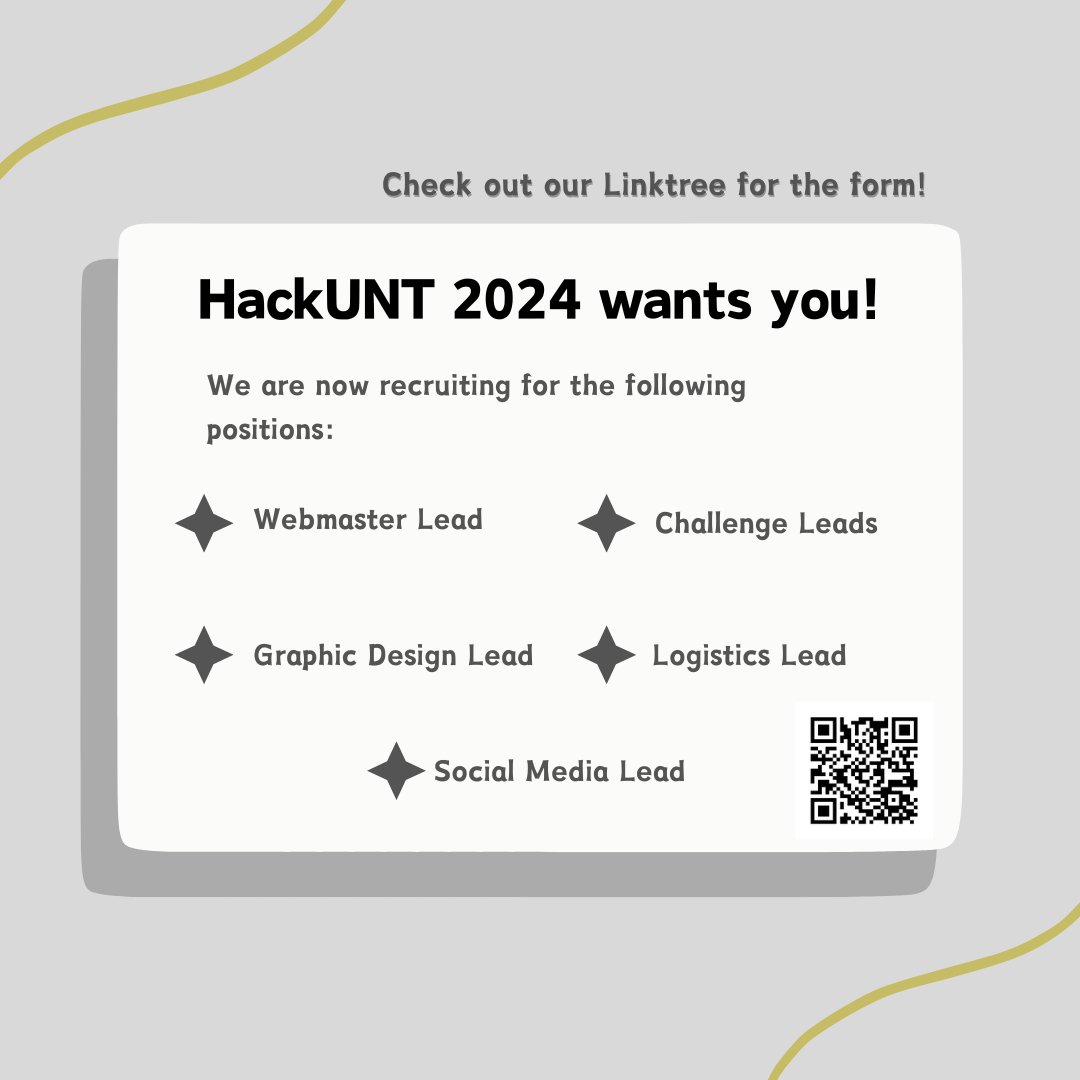 OfficialHackUNT's tweet photo. "🚀 Ready to shape the future? HackUNT 2024 Lead Forms are NOW OPEN! 📝 Whether you're a coding prodigy, design virtuoso, or just eager to learn? Take a chance and take on a role as a HackUNT 2024 Lead! Let's build something extraordinary together! #HackUNT2024 https://t.co/M7e8fyizi0