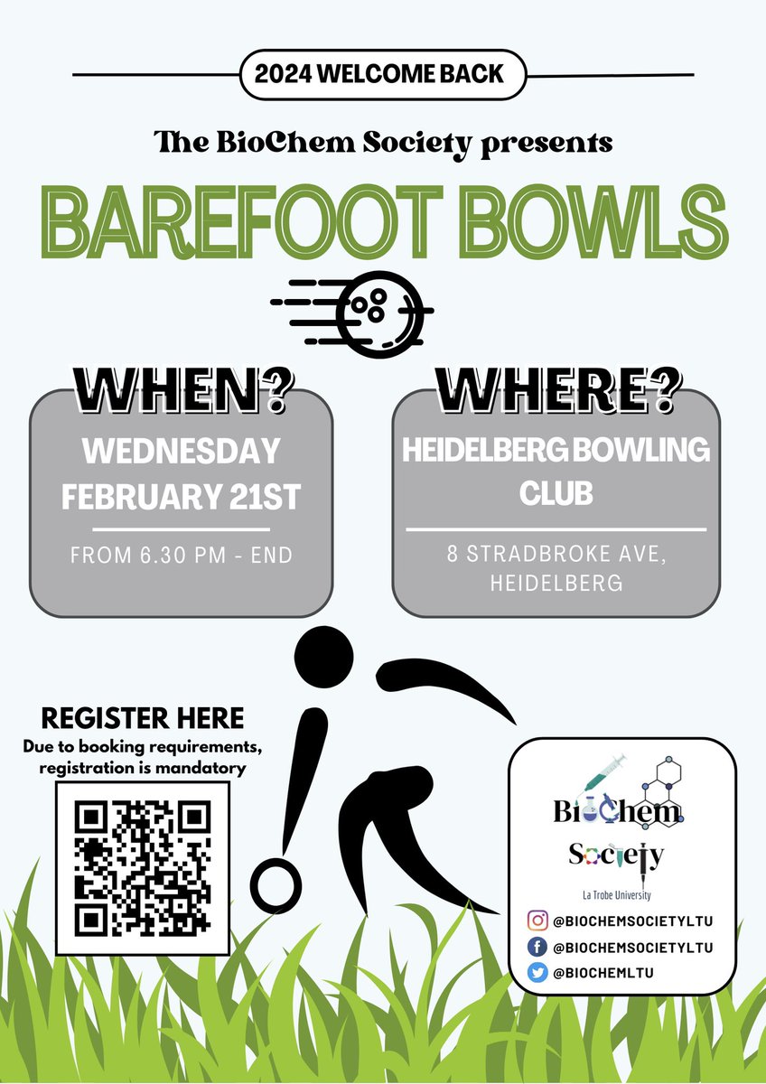 Our first event of 2024! 🎉 🥳 

The BioChem society is hosting a barefoot bowls night at the Heidelberg Bowling Club. We can’t wait to see you there and have a social event. Food will be provided and an open bar 🍻 

Please register by the QR code below or on the flyers!