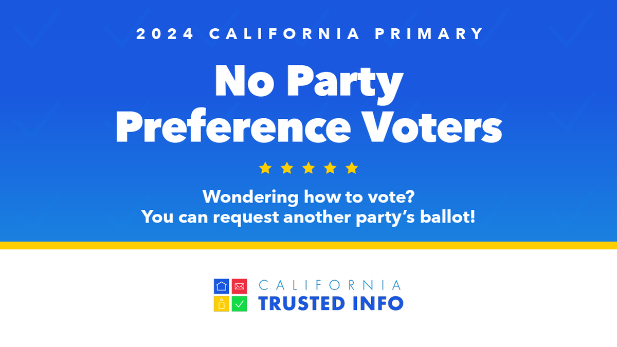 CASOSVote's tweet image. Individual parties set their own rules for whether No Party Preference voters can vote in their presidential primaries. #CATrustedInfo2024 Click here to learn more: sos.ca.gov/elections/voti….