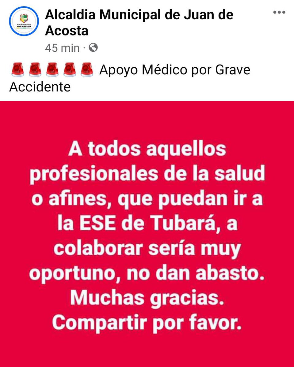Urgente: se necesita personal médico para atender grave accidente ocurrido en jurisdicción de Tubará. Hay varios niños heridos.
.<a href="/Gobatlantico/">Gobernación Atlántico</a>