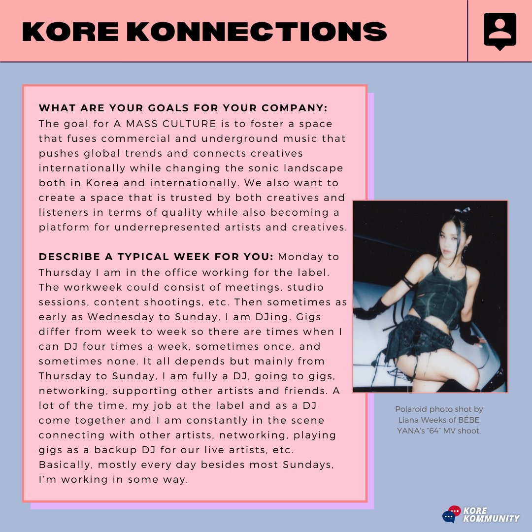 korekommunity's tweet photo. (Pt. 2) @fakedeeplee is Co-Founder + A&amp;R/Creative Director of @amassculture, A&amp;Red for K-pop groups, &amp; plays DJ gigs globally 🎛

She aims to create a space for underrepresented artists &amp; creatives 🔊

@iambebeyana #kpop #koreanindie #idol #musicindustry #korea @a_mass_culture https://t.co/haxKGK61gF