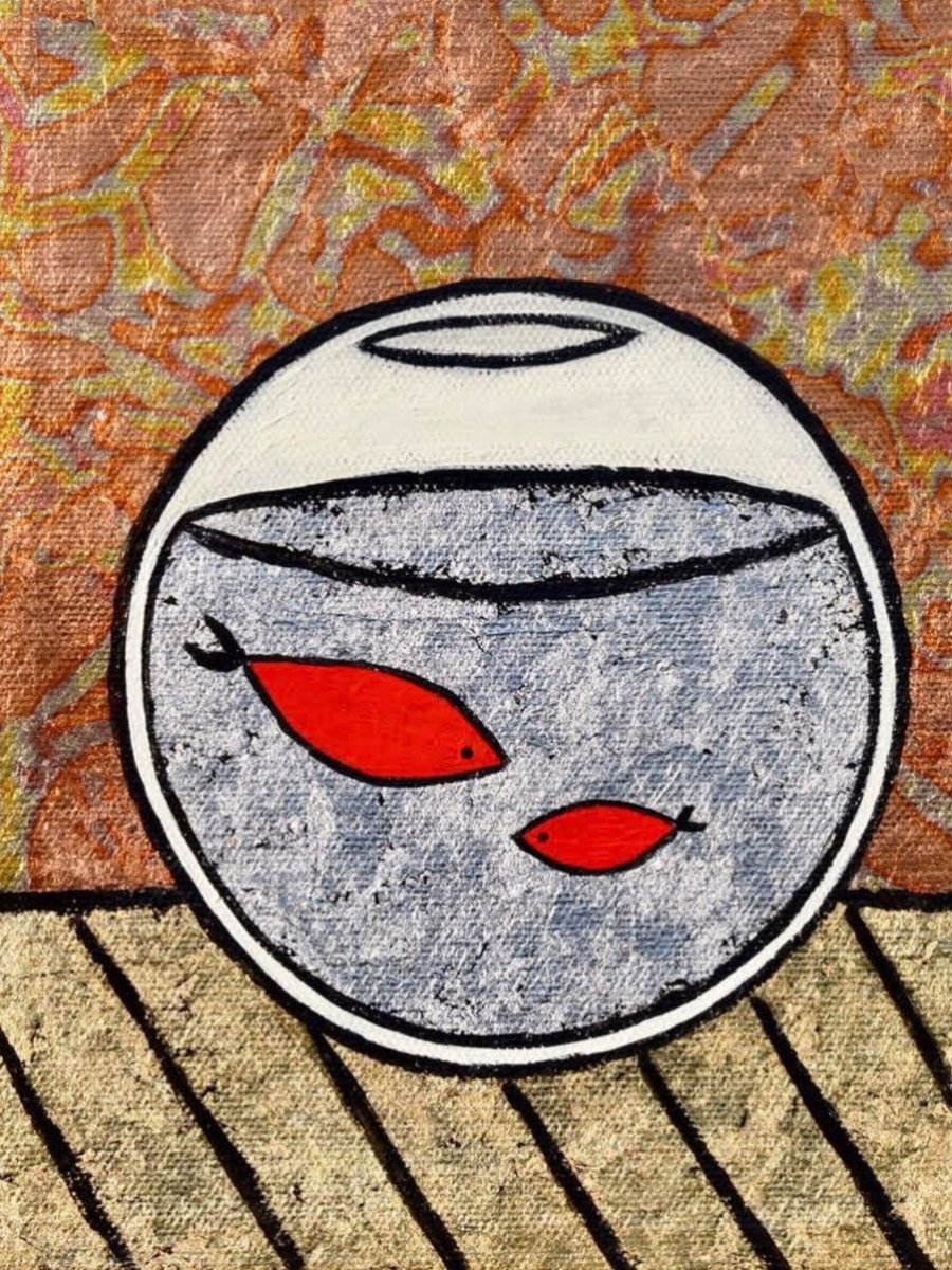 TheArtistZ's tweet photo. City Fish Painting 6”x8” oil paint, silver &amp; variegated copper leaf on canvas. Get it here: https://t.co/YTM389UCiX https://t.co/cymciIQISd