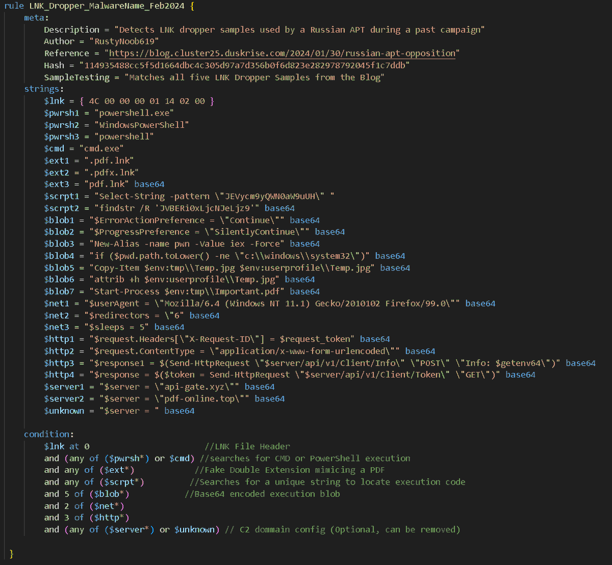 #100DaysofYARA Day36: LNK Droppers used by Russian APT in a past campaign 🐧 github.com/RustyNoob-619/… My first encounter with LNK files and Base64 content