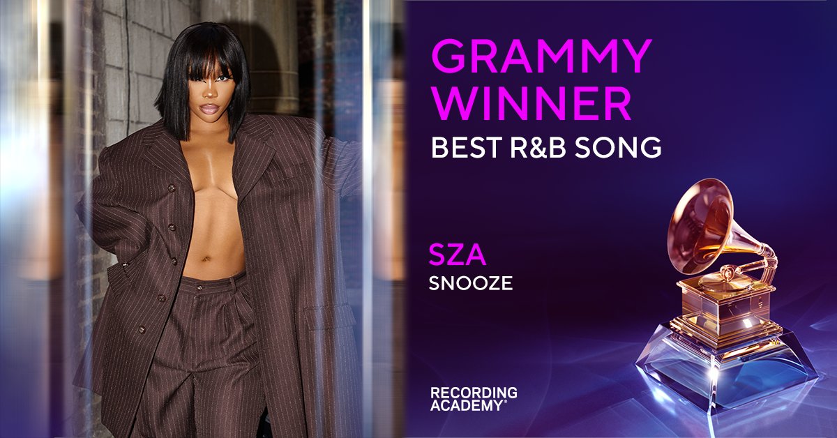 Congrats Best R&amp;B Song winner - @SZA "Snooze", Kenny B. Edmonds, Blair Ferguson, Khris Riddick-Tynes, Solána Rowe &amp; Leon Thomas, songwriters. #GRAMMYs