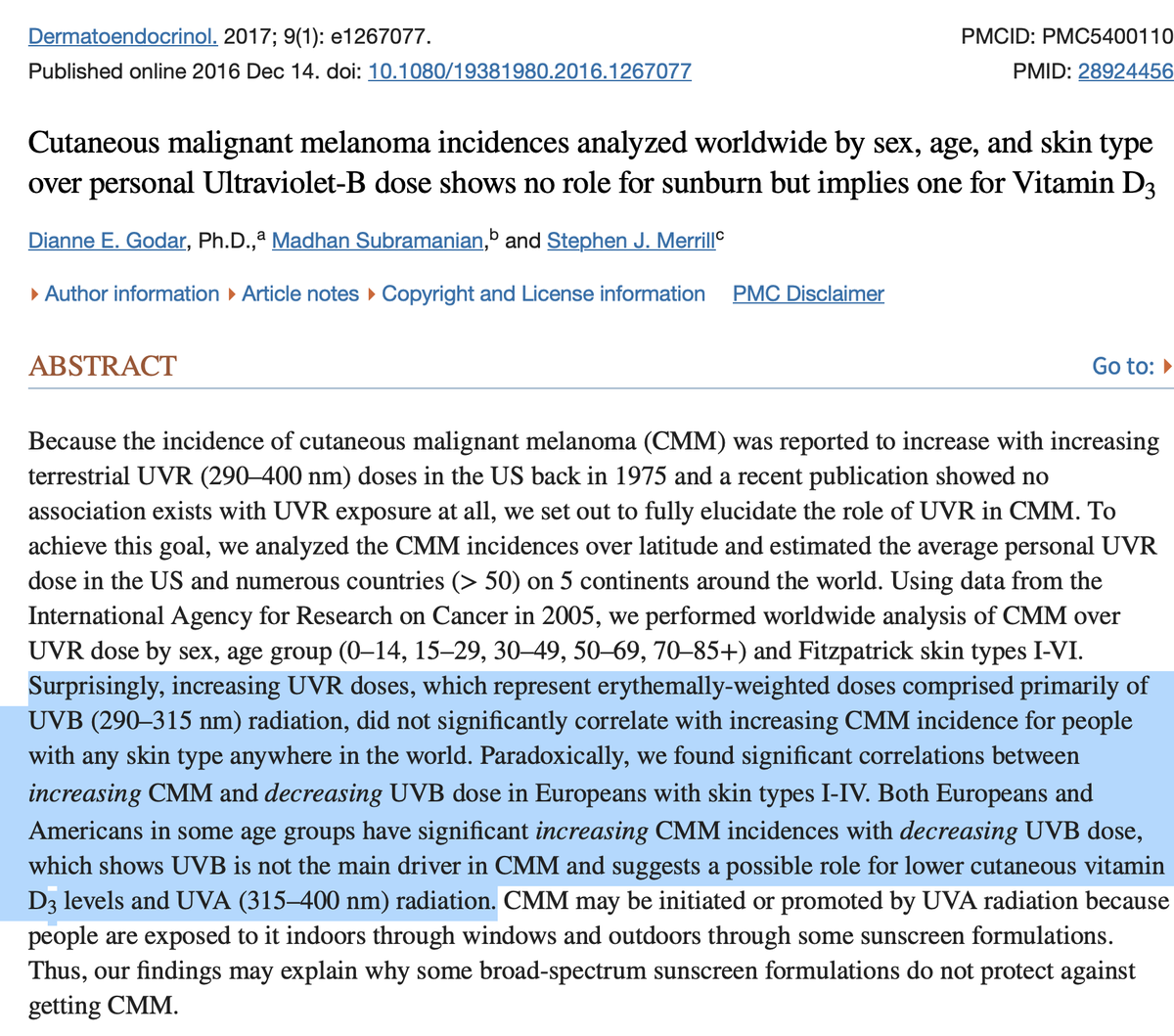 DrJackKruse's tweet photo. Anyone who thinks the sun causes melanoma will not like this paper.  This paper shows that a LACK of UV is associated with melanoma in Americans and Europeans.  IMAGING THAT!  Unclae Jack mentioned this paper in the Tetragrammaton podcast with @hubermanlab and @rickrubin   Melanoma & UVB Exposure

They said in the paper, "Contrary to popular belief, no significant trend or correlation between increasing incidence of [melanoma] and increasing personal UVB dose for males or females of any age group or skin type, anywhere in the world."  So please stop telling me that I am wrong.  The paper came from the dermatology literature in 2016 and is PEER reviewed.  You've been lied to a long time about the sun.  A lack of sunlight and too much artificial light day and night is what causes skin cancer.  Share it.  H/T to @RemnantMd