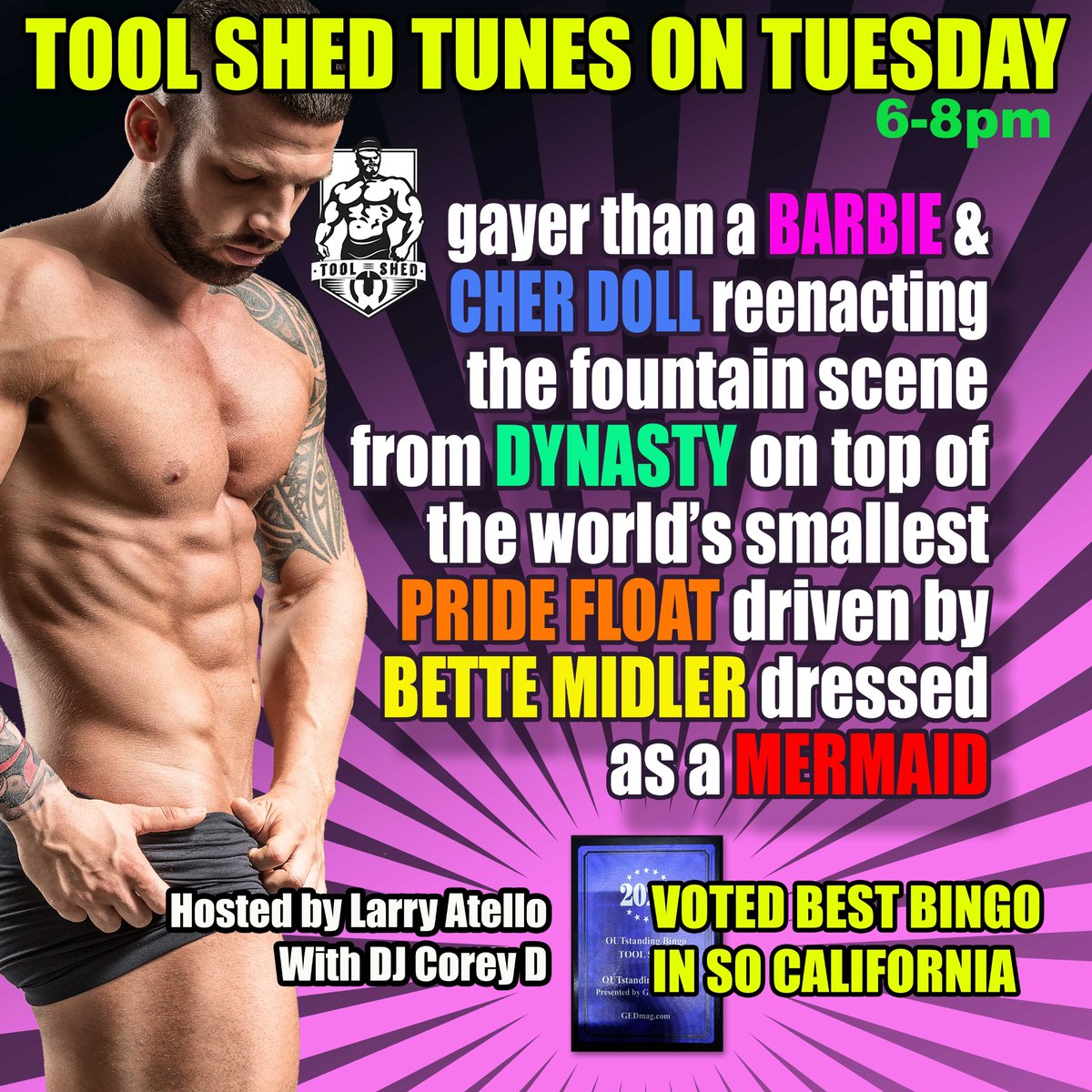 Tool Shed Palm Springs (@pstoolshed) on Twitter photo Unleash your fierceness while playing along to Tool Shed's song-themed bingo game - Tool Shed Tunes On Tuesday - the gayest thing you will ever do on a Tuesday.
Hosted by <a href="/larry_atello/">Larry Atello</a> with music by <a href="/goDJCoreyD/">DJ Corey D</a> Unleash your fierceness while playing along to Tool Shed's song-themed bingo game - Tool Shed Tunes On Tuesday - the gayest thing you will ever do on a Tuesday.
Hosted by <a href="/larry_atello/">Larry Atello</a> with music by <a href="/goDJCoreyD/">DJ Corey D</a>
