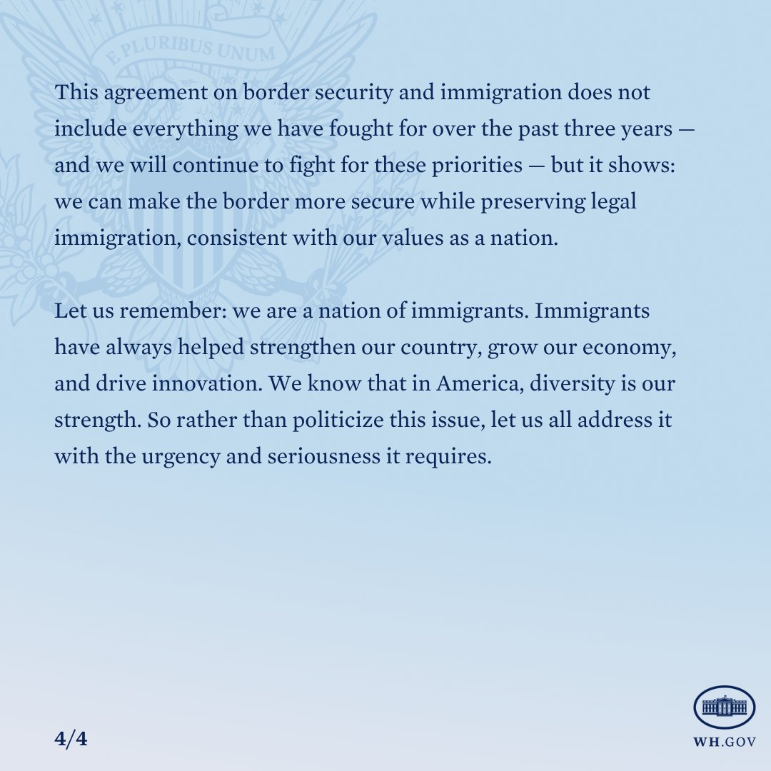 .@POTUS, members of our Administration, and bipartisan Senate negotiators worked on a border security and immigration package that also ensures the U.S. can continue to fulfill its role of global leadership.

The solutions are at hand. Congress must quickly pass this agreement.