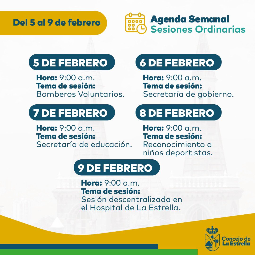 conlaestrella's tweet photo. Prográmate con nuestra agenda semanal de Sesiones Ordinarias 📆
📍Del 5 al 9 de febrero, sujeta a modificaciones. 

#ConcejoMunicipal https://t.co/HkljoQtUwM