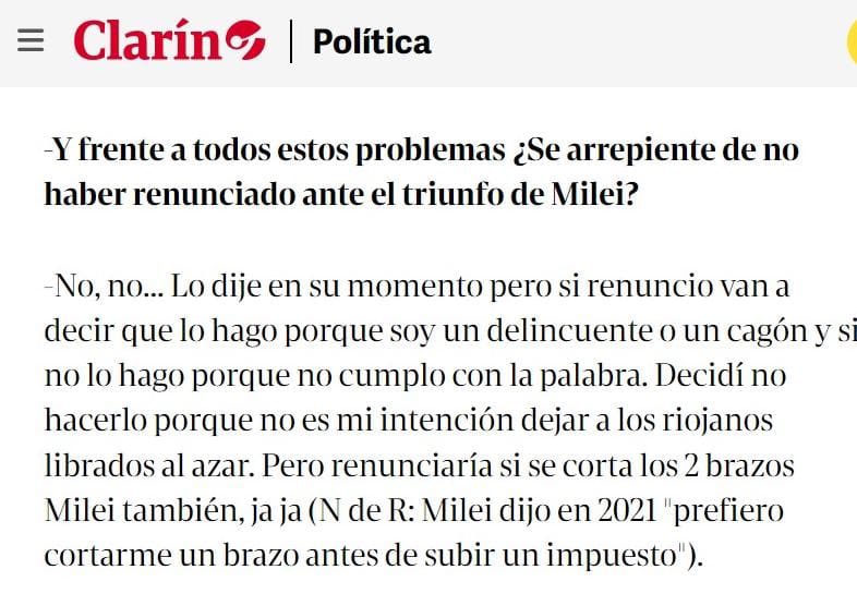 AdrianLaRioja's tweet photo. Bombazo Político:

El gobernador Riojano @QuintelaRicardo chicaneó a @JMilei 

“Yo renuncio, pero si Milei se corta los dos brazos, eso prometió si llegaba a subir lmpuestos jajaj” https://t.co/6ZTdj5fhCL