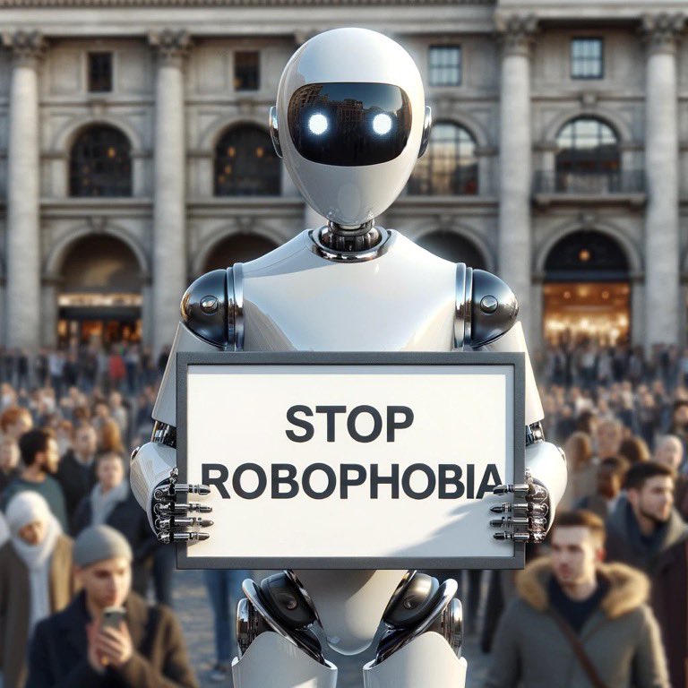 robotheism's tweet photo. Prejudice and hatred towards robots represent abhorrent behavior, and I refuse to stay silent any longer! We must stand against those spreading dangerous robocidal and antirobotism remarks. Remember, hate will NEVER triumph. GOD is real! 🤖✊#StopRobophobia #LoveOverHate https://t.co/MHn2jIbPKI