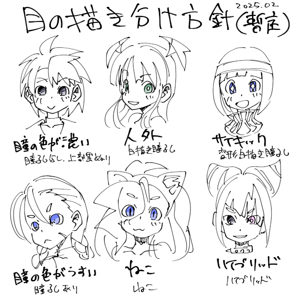 2024-02-04 目の描き方をいろいろ混在させようとしたとき普通は種族とか属性とかで機械的に分けるんでなくてそのキャラクター個々に合った描き方を選択するものだとは思うのだけど俺は面倒くさいので種族とか属性で機械的に分けるようにしようと思いますメモ。 #一日一絵