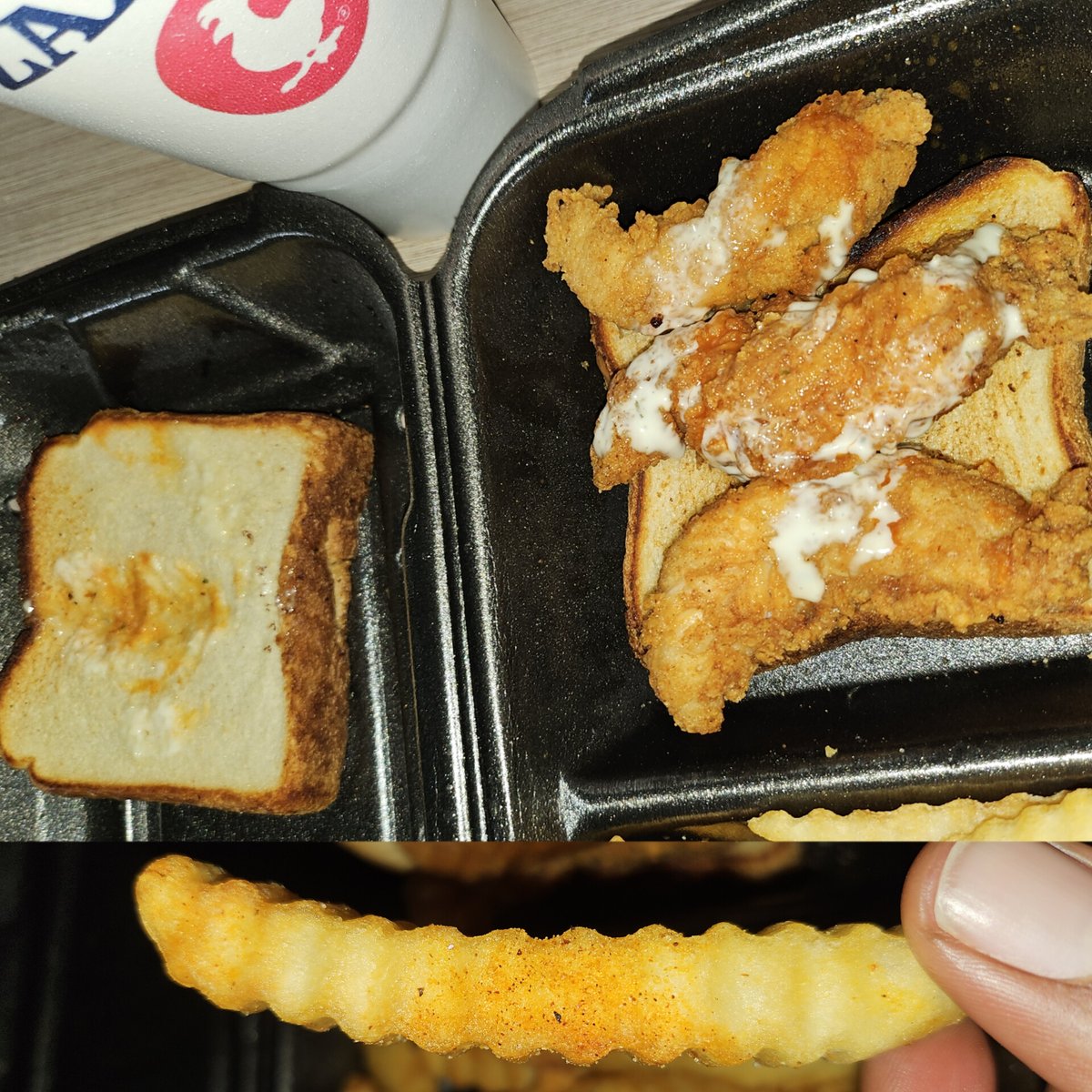 So y'all this was supposed to be a kickin chicken sandwich but I strongly feel <a href="/Zaxbys/">ZAXBYS</a> finessed me on my kick 🔥👀 And I guess this is supposed to be the seasoning for my fries (bottom pic). Never order zaxby's on a Sunday is the lesson here 😔.