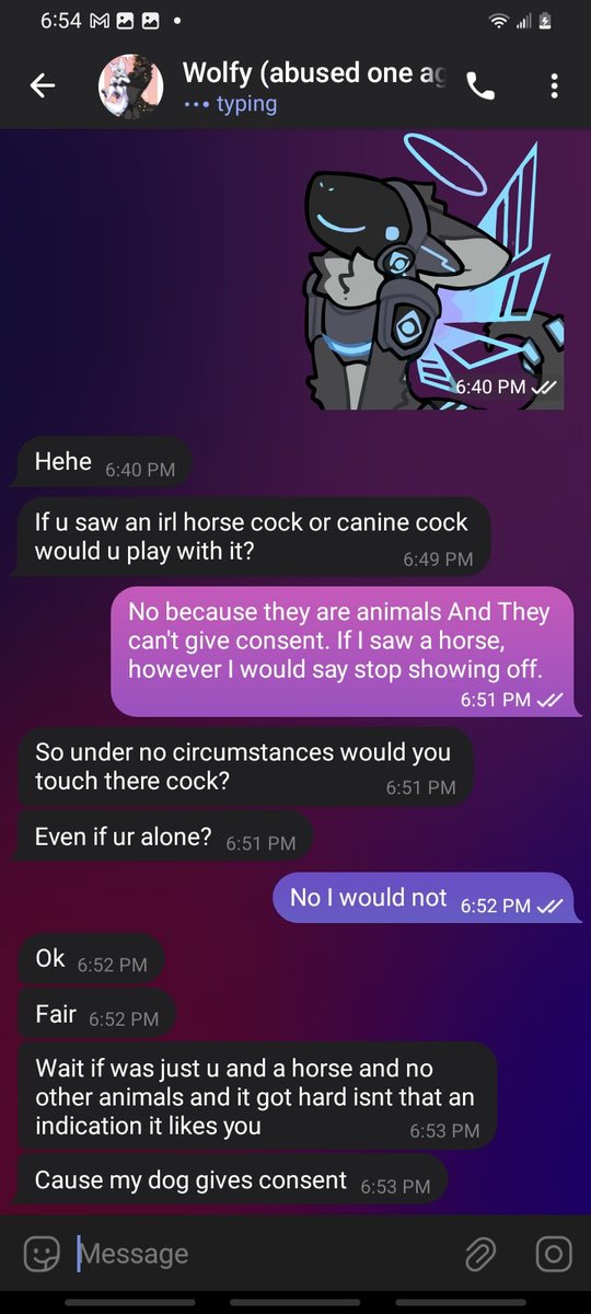 Cosmic_Flix's tweet photo. wonder why he said his dog gives consent and said animals have the mental capacity to give consent. Also where Is the evidence on your end? Also who the fuck asks someone if they would play with a horse or dog penis. And my 18+ says NO MINORS so yah not into kids. https://t.co/DX6y8bhNzg