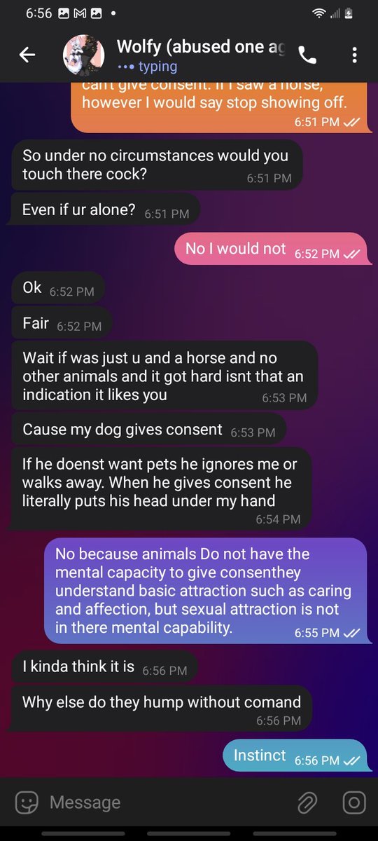 Cosmic_Flix's tweet photo. wonder why he said his dog gives consent and said animals have the mental capacity to give consent. Also where Is the evidence on your end? Also who the fuck asks someone if they would play with a horse or dog penis. And my 18+ says NO MINORS so yah not into kids. https://t.co/DX6y8bhNzg