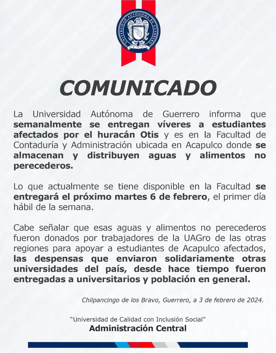 azucenau's tweet image. #ELDATO | Informa la Universidad Autónoma de Guerrero que los víveres localizados en la Facultad de Contaduría y Administración se entregarán el 6 de Febrero #HuracánOtis 

Esto luego de que en redes, se denunciara la existencia de los artículos resguardados en un salón
