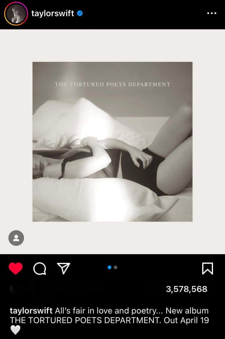 BRLopez082's tweet photo. 🚨 El anuncio de "The Tortured Poets Department", el próximo undécimo álbum de estudio de Taylor Swift se ha convertido en la publicación más rápida en superar el millón de Me gusta en la historia de Instagram (2 minutos). #GRAMMYs2024 #TaylorSwift https://t.co/GgY2pUCkTE