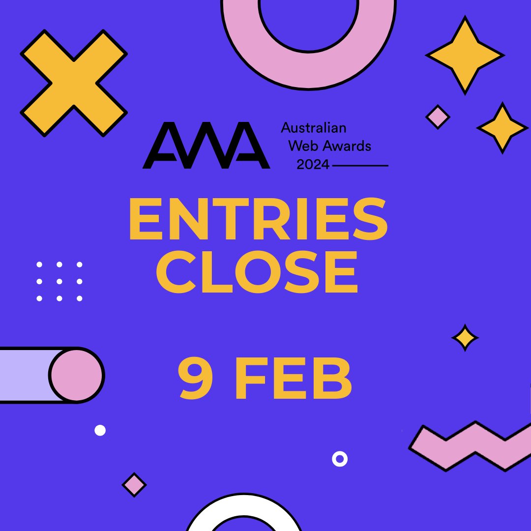 Not long to go!  Entries are closing at midnight 9th Feb.  If you have any questions regarding entering - please contact awards@webindustry.au!  

Enter at webawards.com.au 

#webawards #webdesign #webdevelopment