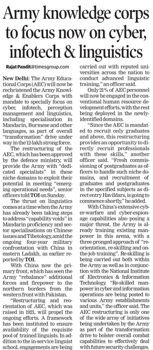 rajatpTOI's tweet image. Army Educational Corps (AEC) will now be rechristened Army Knowledge &amp;amp; Enablers Corps with the mandate to specially focus on #Cyber, #Infotech, #PerceptionManagement &amp;amp; #Linguistics, including specialization in #Mandarin, #Burmese &amp;amp; other languages