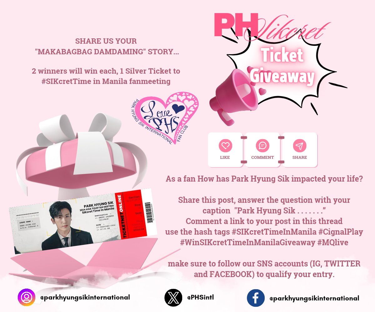 PHSintl's tweet photo. 📣📣Ticket Giveaway📣📣

Wanna meet our SIKcret Agent?

Share us your "makabagbag damdaming" story... &amp; get a chance to win a Silver ticket to his SIKcret Time In Manila fan meeting on February 17.

#SIKcretTimeInManila 
#CignalPlay 
#WinSIKcretTimeInManilaGiveaway 
#MQlive 
1/3 https://t.co/r1fguXf5Jw
