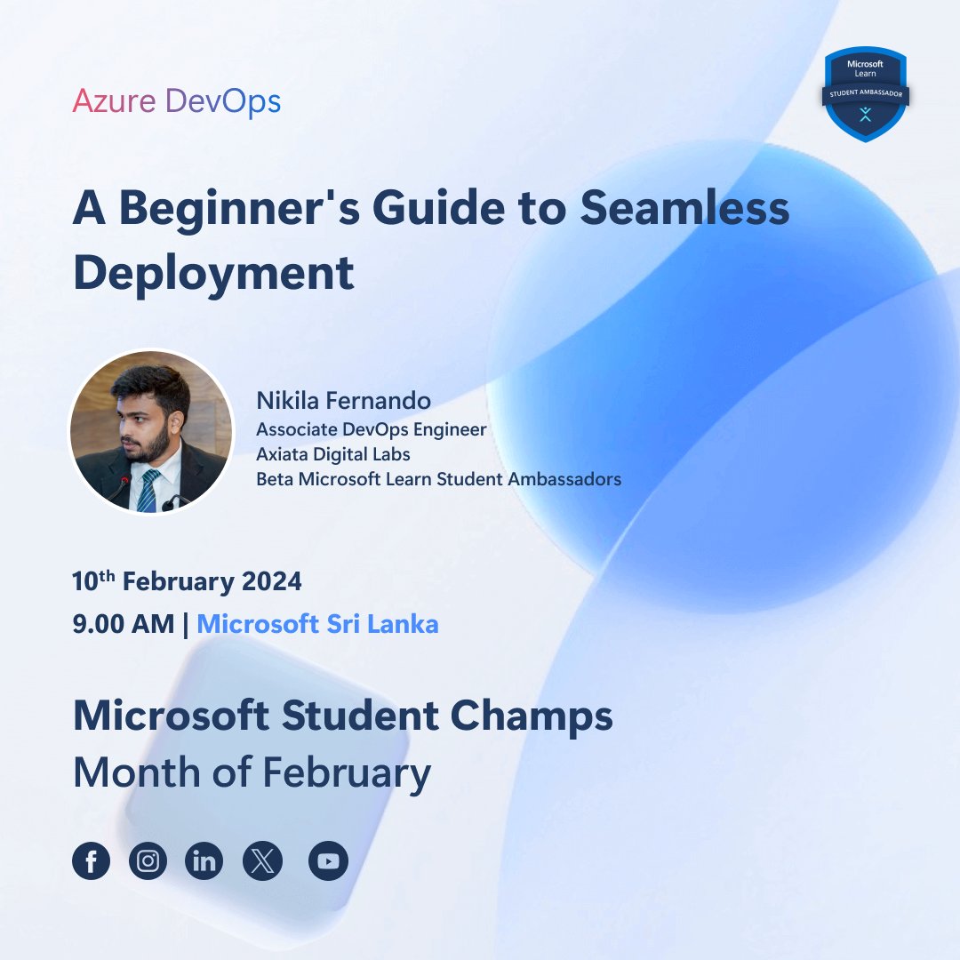 Microsoft Learn Student Ambassadors - Sri Lanka (@mlsasrilanka) on Twitter photo We're thrilled to announce our speaker for MS Champs, Mr. Nikila Fernando <a href="/NikilaFernando/">Nikila Fernando</a>, Associate DevOps Engineer at Axiata Digital Labs✨
Don't miss out on the chance💫
Register Now: forms.office.com/r/U6PkjJ9wj5
#MicrosoftLearn #MSFTStudentAmbassadors #MLSA #MLSALK #MSChamps We're thrilled to announce our speaker for MS Champs, Mr. Nikila Fernando <a href="/NikilaFernando/">Nikila Fernando</a>, Associate DevOps Engineer at Axiata Digital Labs✨
Don't miss out on the chance💫
Register Now: forms.office.com/r/U6PkjJ9wj5
#MicrosoftLearn #MSFTStudentAmbassadors #MLSA #MLSALK #MSChamps