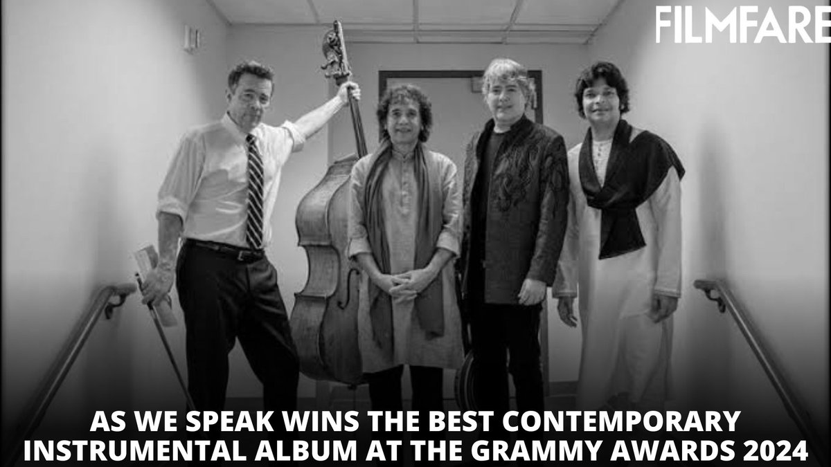 filmfare's tweet photo. #AsWeSpeak by #BélaFleck, #ZakirHussain, #EdgarMeyer featuring #RakeshChaurasia wins the award for Best Contemporary Instrumental Album at the #Grammys2024. ✨🎶 https://t.co/dCSs7rQPhL
