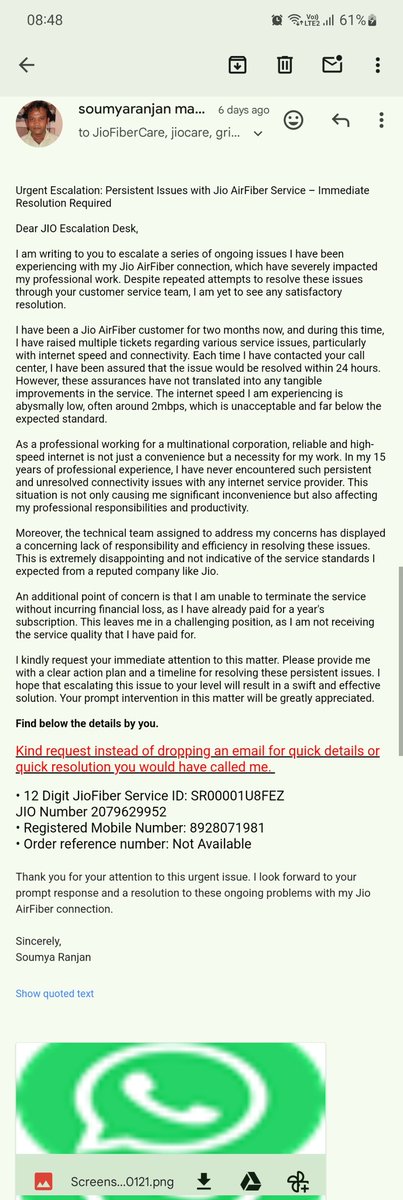 icesoumya's tweet photo. @JIOAIRFIBERIN Urgent Escalation: Persistent Issues with Jio from past 30 days. JIO Escalation Desk,Past one month I struggling for my issue. No solution only fake commitment. Its a full paid account not like a government free scheme. When can I except the sol. or refund my money https://t.co/pa19OmLXN5