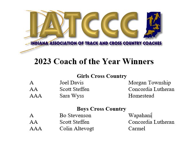 🏆🏆 Congratulations to our 2023 Cross Country Coach of the Year Winners!!! From left to right: Joel Davis Morgan Township Sara Wyss @homesteadgirlcc Colin Altevogt @GreyhoundsXC Bo Stevenson @WapahaniXCTF Not pictured Scott Steffen @CLHSXC