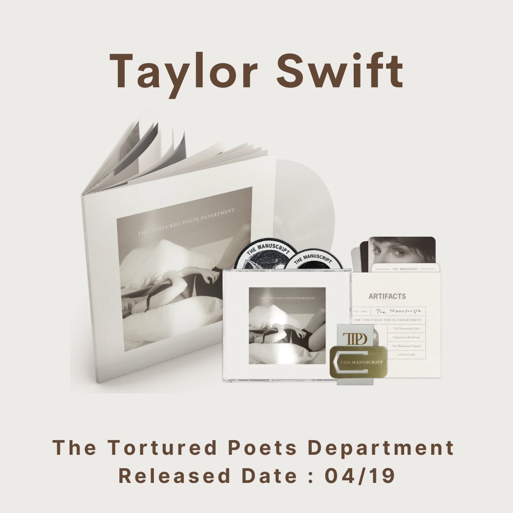 Superb_Records's tweet photo. Coming soon!! ✨
Taylor Swift : The Tortured Poets Department
Released Date : 04/19

All Formats : 
Vinyl
Collector's Edition Deluxe CD (Limited Edition)
CD
Cassette

🚨 ทางร้านจะแจ้งราคาอีกครั้ง รอติดตามนะคะ https://t.co/bc57n5phdJ