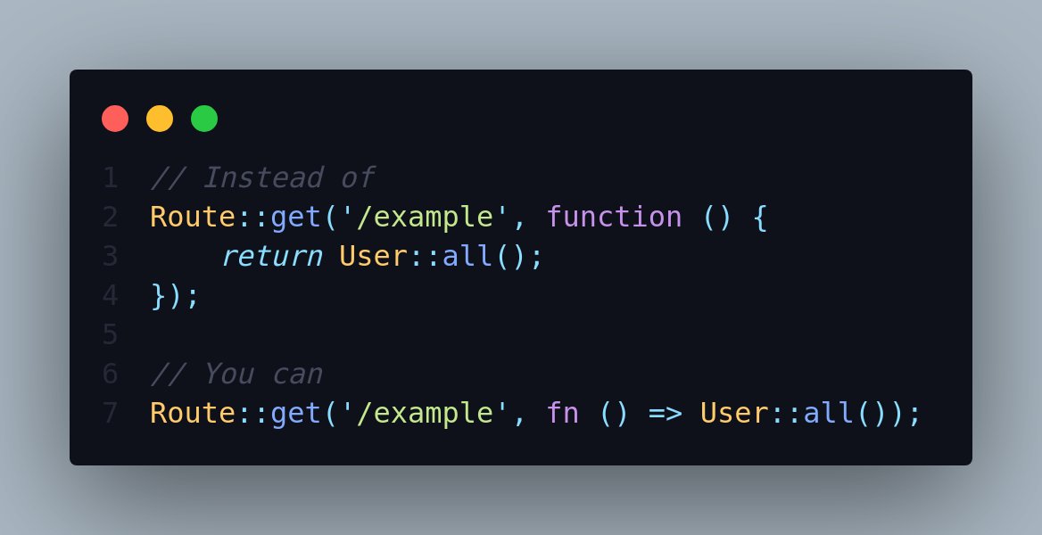 Sontus_Chandra's tweet photo. You can use php arrow function in routing, without having to use anonymous function.

To do this, you can use fn() =>, it looks easier. https://t.co/gEstY005MB