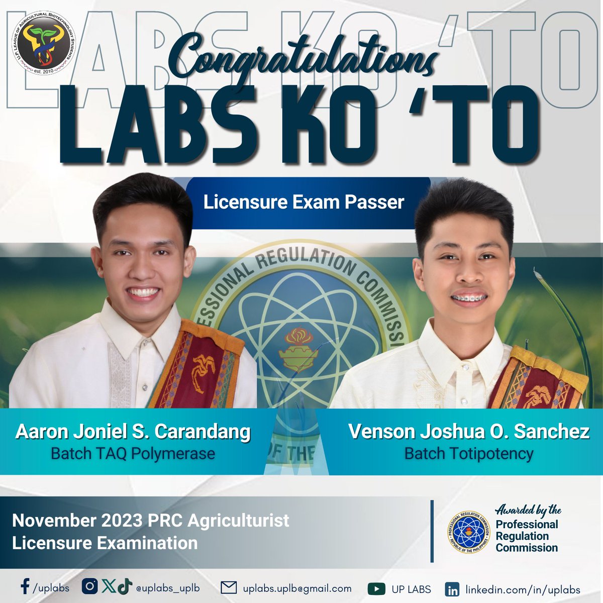 uplabs_uplb's tweet photo. 🩺🌱🪖 𝗔 𝗛𝗘𝗔𝗥𝗧𝗬 𝗖𝗢𝗡𝗚𝗥𝗔𝗧𝗨𝗟𝗔𝗧𝗜𝗢𝗡𝗦 to our diligent and dedicated LABS alumni who successfully conquered their respective feats in the latter half of 2023! 🎉

#BSABT
#AgriculturalBiotechnology
#LABSKoTo
#UPLABS
#UPLABS13 https://t.co/cDVNJqDYDo