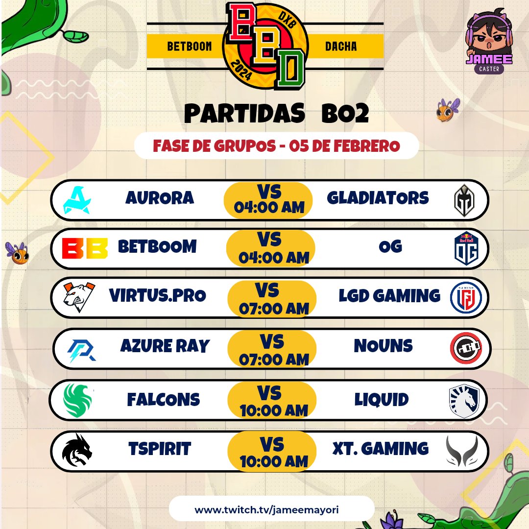 BetBoom Dacha Dubai 2024 !

 Horario 05 de Febrero
 Mañana Día 2 de la fase de grupos en la  BetBoom Dacha a partir de las 4:00 de la mañana 

Los veo en mi canal de Twitch para ver la serie de OG 🤪
Gracias besos 😘