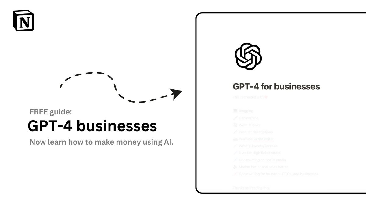 GPT-4 is a money-printing machine.

But sadly most people don't know how to use it to generate an income.

That's why, I created this GPT-4 business guide for you.

It's free for 48 hours.

To get this. simply:

1. Like/RT
2. Comment "GPT"
3. Follow me (So, I can DM)