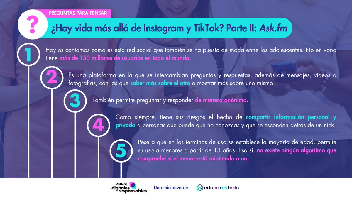 Ask.fm es una red social basada en el intercambio de preguntas y respuestas, que pueden efectuarse de forma anónima 
#usoresponsable #digitalesyresponsables #askfm #redessociales #menores #tecnologias #moviles #padres #hijos #familia #educarestodo #educacion