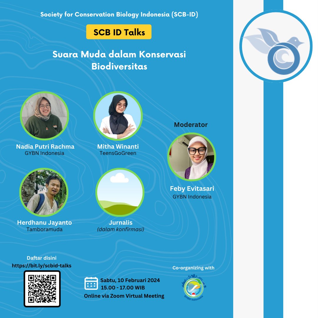 Halo SCBners!

Masih edisi Pemliu 2024, SCB ID bersama GYBN Indonesia akan menyelenggarakan SCB Talk 2 dengan topik "Suara Muda dalam Konservasi Biodiversitas" pada 10 Februari 2024. 
Yuk buruan daftar karena slotnya terbatas 😁

Daftar sekarang:
bit.ly/scbid-talks
