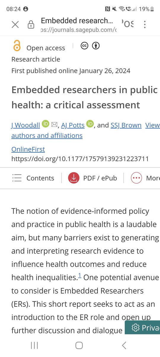 Here's the link to my first academic article. Looking at embedded researchers in health. Feeling proud - and grateful to @WoodallDr and @PhdPotts Read it here: ow.ly/2Ba750QoGar @RSPH_PPH @sagejournals #SocialScience #academiclife #earlycareeresearch #phdvoice