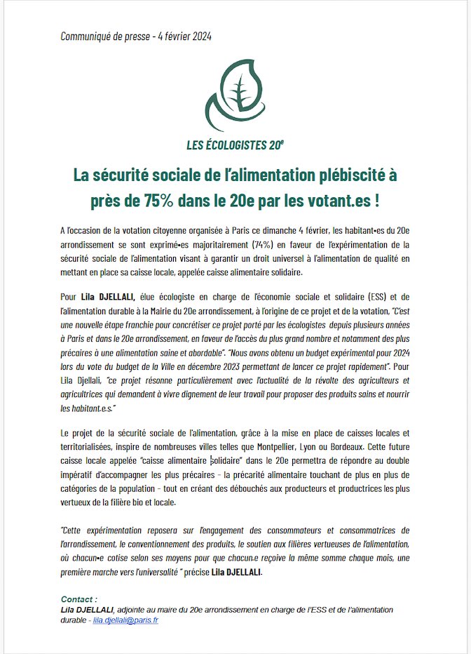 Près de 75 % des votant.es sont pour la sécurité sociale de l’alimentation dans le 20e. les écologistes qui portent ce projet depuis le début sont fier.es et la mettront en place avec vous.  <a href="/liladjellali/">Lila Djellali</a>