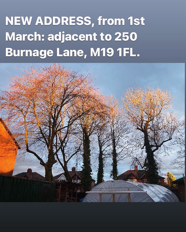New address: 10-15 minute walk from the old site, so perhaps 5 minutes on a bike, a few minutes in a car. The 197 stops outside, so easy to reach from the city centre, Ardwick, Longsight, Lev + Stockport and Heaton Moor in the other direction. Sweet!