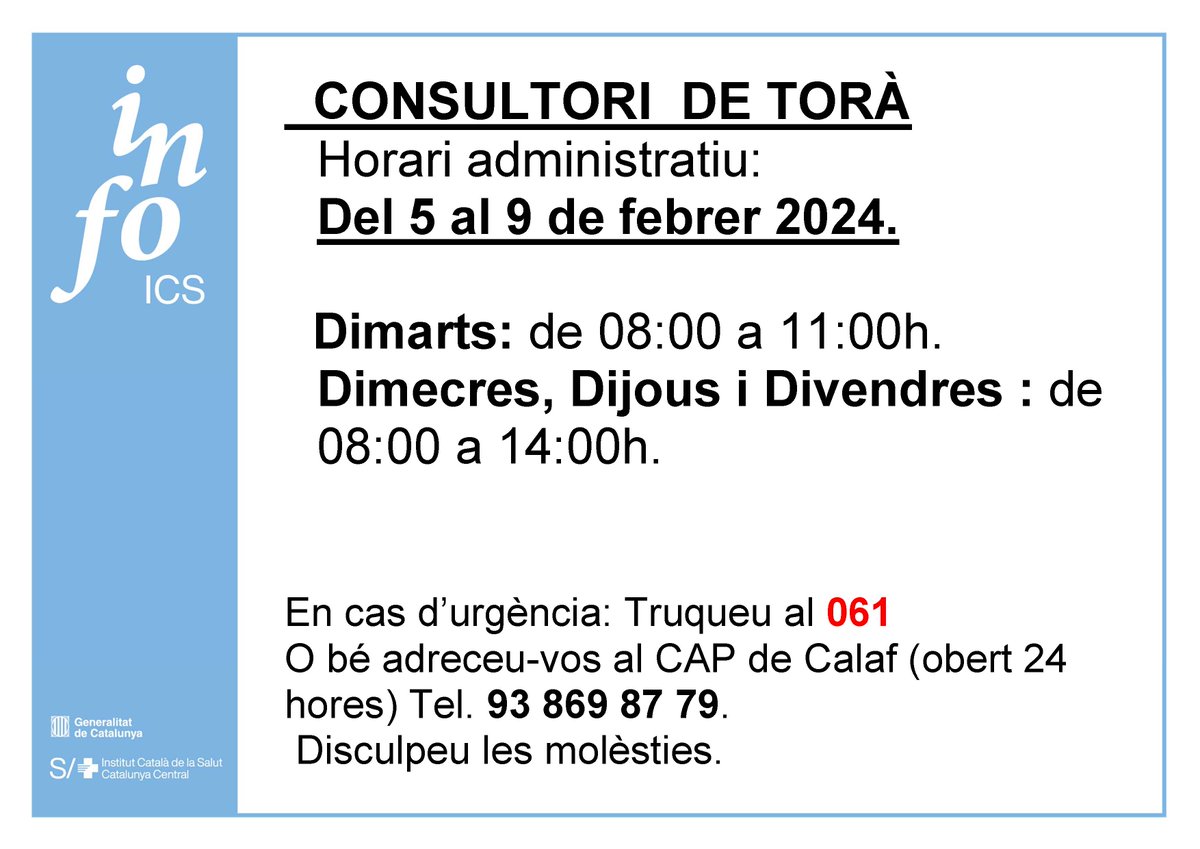 Horaris del consultori mèdic del 5 fins al 9 de febrer👇