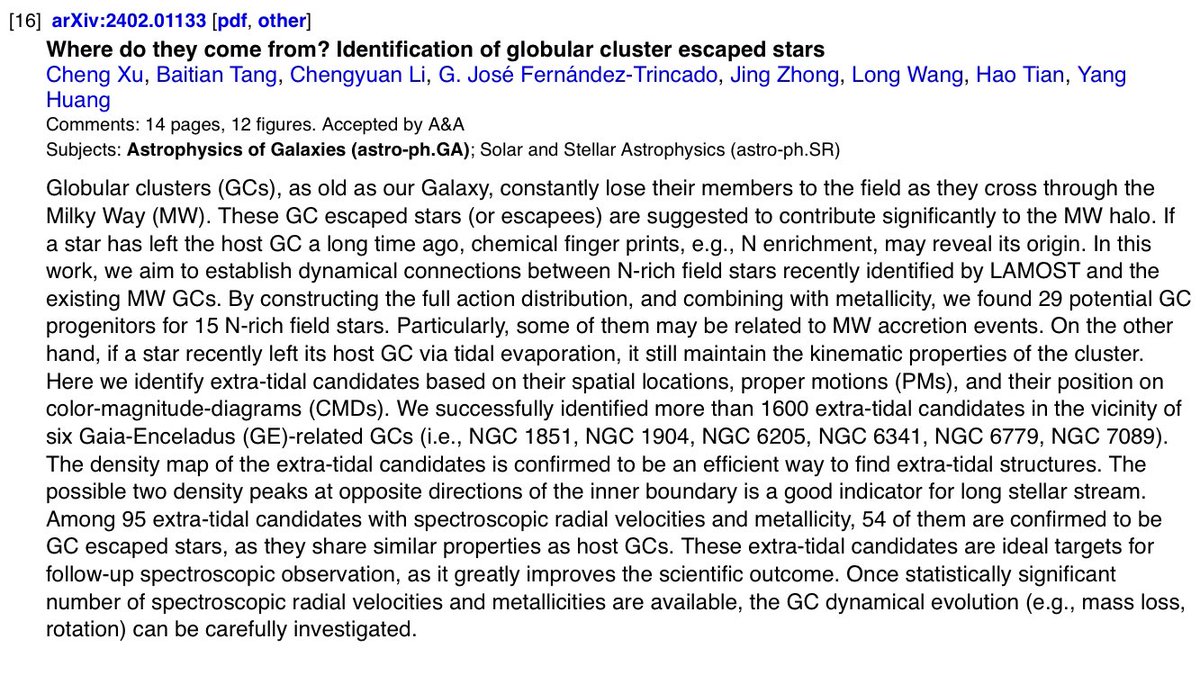 Our new accepted A&A paper today on ArXiV 👉🏻 arxiv.org/abs/2402.01133 👉🏻 Where do they come from? Identification of globular cluster escaped stars 👇🏻