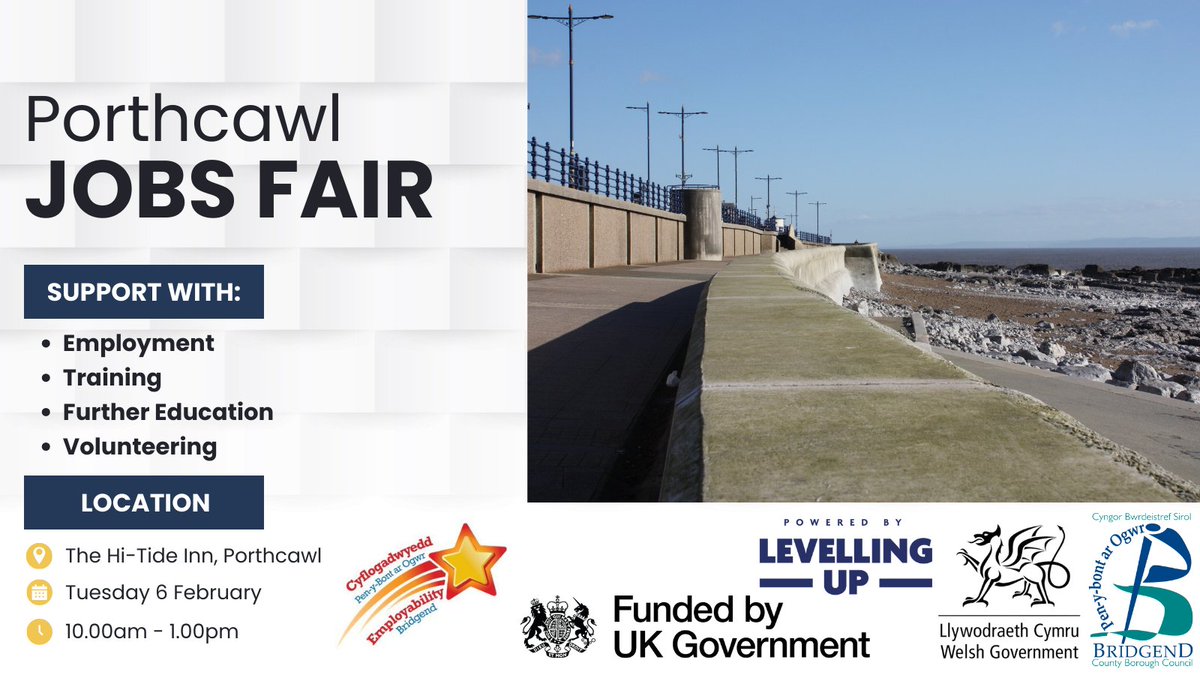 #Porthcawl Jobs Fair is happening today!
 
Pop down to The Hi-Tide Inn between 10.00am and 1.00pm to meet a variety of employers who have a wide range of vacancies and training opportunities available ⬇