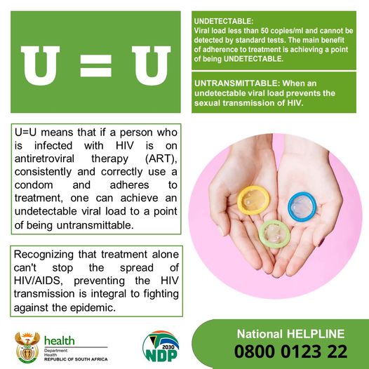 GCIS_IRC's tweet photo. People living with #HIV who are on antiretroviral therapy (ART) with stable undetectable viral load have an extremely low likelihood of transmitting the virus.
For counselling:
Contact National AIDS Helpline on 0800 0123 22 free, Or WhatsApp chat on 084 922 8808 https://t.co/0JFb93m4Pb