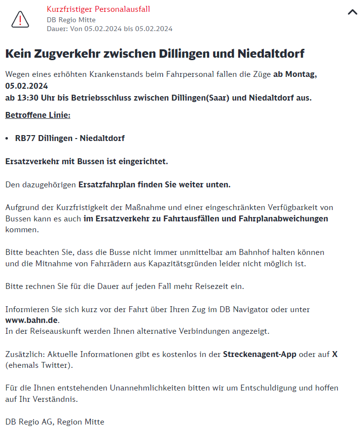 Regio_Mitte's tweet photo. ++Info++
#RB77
Heute ab 13:30 Uhr bis Betriebsschluss kein Zugverkehr zw. #Dillingen(Saar) und #Niedaltdorf.
#Ersatverkehr wurde eingerichtet.🚍 https://t.co/cCm07cpXzJ