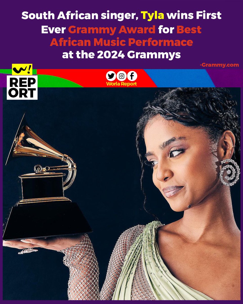 WorlaReport's tweet photo. "I never thought I'd say I won a GRAMMY at 22 years old," the South African singer said.
Although coming up against stiff competition, including Burna Boy and Davido, Tyla's hit song "Water" proved undeniable for GRAMMY voters.

Credit: Grammys https://t.co/cJ1dlWgW61